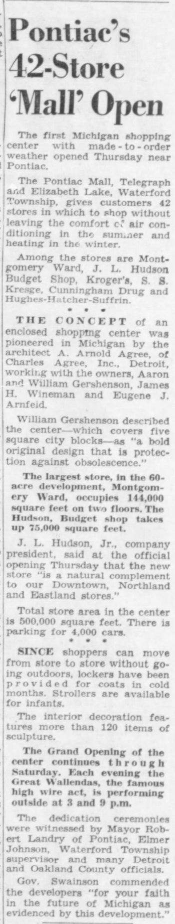 Summit Place Mall (Pontiac Mall) - May 11 1962 Article (newer photo)